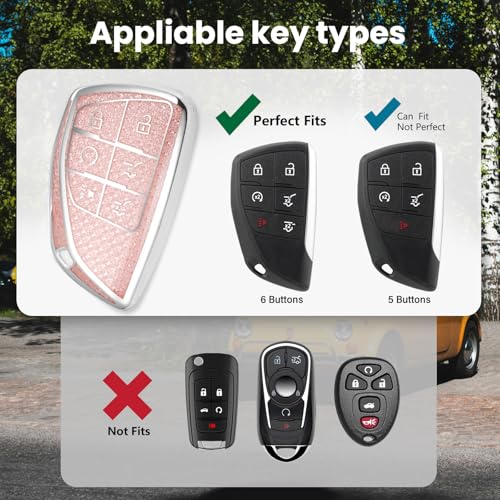 Image of Car Key Fob Cover for Buick, Rhinestone Wristlet Case, Pink | Wear-resistant TPU shell, non-stretch rhinestone wristlet, daily splash, scratch and drop protection, normal signal use