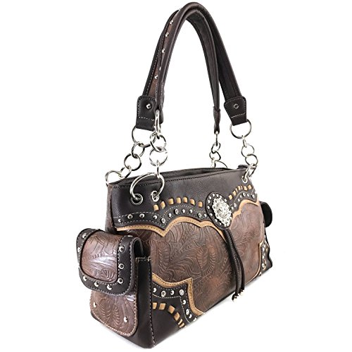 Justin West Western Floral Embroidery Studs Bling Rhinestone Buckle Shoulder Concealed Carry Handbag Purse (Brown Handbag)2