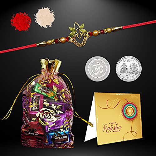 Image of DeoDap (K1 F7 E10) Multicolor Bracelet /Rakhi & Chocolate | silver elephant rakhi with red beads | Rakhi with card & chocolate | chocolate gift pack | men bracelet | rakshabandhan gift |