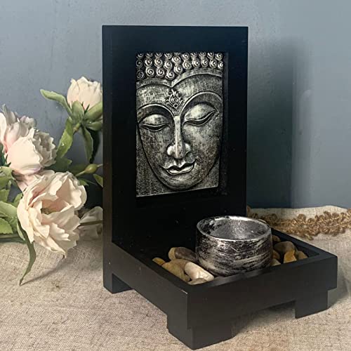 Image of Buddha Head Tea Light Candle Holder, Zen Meditation Stone Candle Stand with Wood Shelf Base, for Yoga & Spiritual Room (Silver)