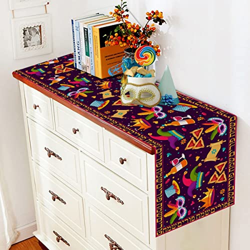 Happy Purim Table Runner Jewish Holiday Carnival Party Circus Clown Table Cover Hamantaschen Hat Masque Gragger Tablecloth Linen For Indoor Outdoor Birthday Holiday Party Kitchen Home Table Decor #TOP5