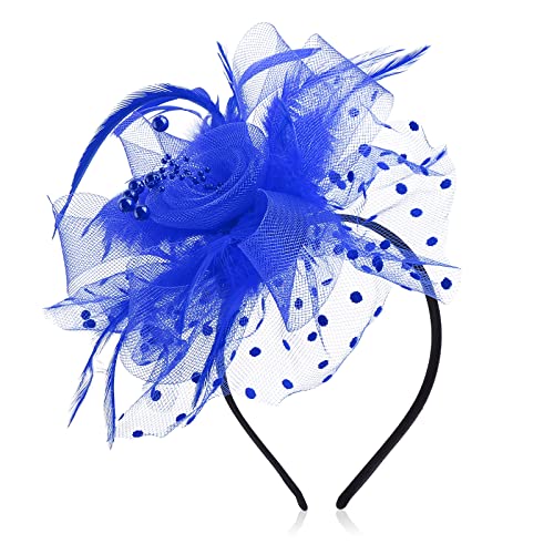 Sibba Tocado para mujer flor de sombrero diadema de plumas de malla diadema con clip de fiesta de té accesorios para el cabello para fiestas iglesia boda para mujeres y niñas azul