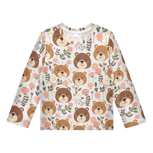 Cute Bear Pink Flower Pattern Boys Rash Guard Swim Shirts Long Sleeve UPF 50+ Quick Dry Sun Protection Shirt Swimwear Surf Tops for Toddler Kid Fishing Swimming Outdoor 9-10T