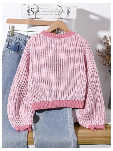 Image of BEAUDRM Girl's Cute Bow Sweater Crew Neck Long Sleeve Drop Shoulder Loose Pullover Tops