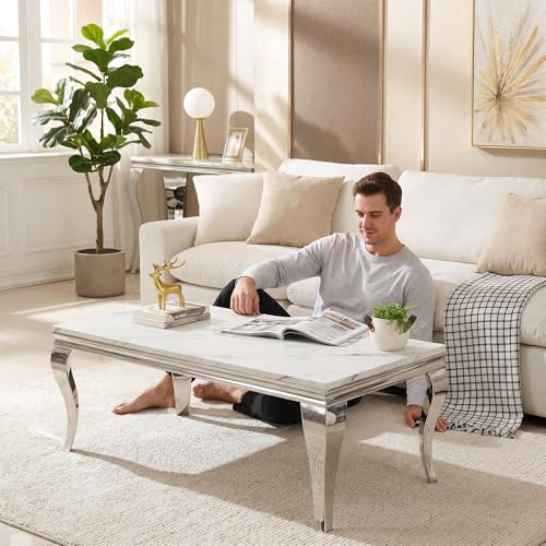 Image of Luxury Coffee Table Set of 2, Rectangular Coffee Table with End Side Table, Modern 2 Piece Living Room Table Set with Faux Marble Top & Silver Stainless Steel S Legs for Apartment Home Office