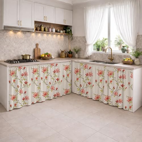 Image of LINENWALAS Under Sink Curtain for Kitchen - Pack of 2 | 106x91 cm Cotton Under-Sink Cover | Washable Storage-Hiding Curtain with Rod Pocket | Kitchen & Bathroom Cabinet Cover (Amer Bel)