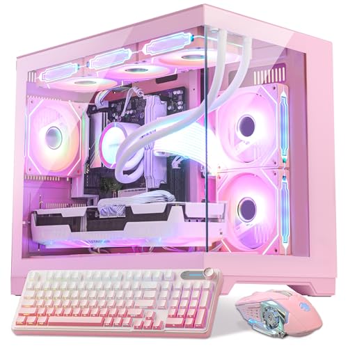 Pink Gaming Desktop PC AI Ready Prebuilt Computer AMD Ryzen 7 9800X3D RTX 5070 12GB 32GB DDR5 1TB SSD 850W Power Supply Fusion 2.0 APP RGB Light Control Win 11 with Gaming Keyboard & Mouse