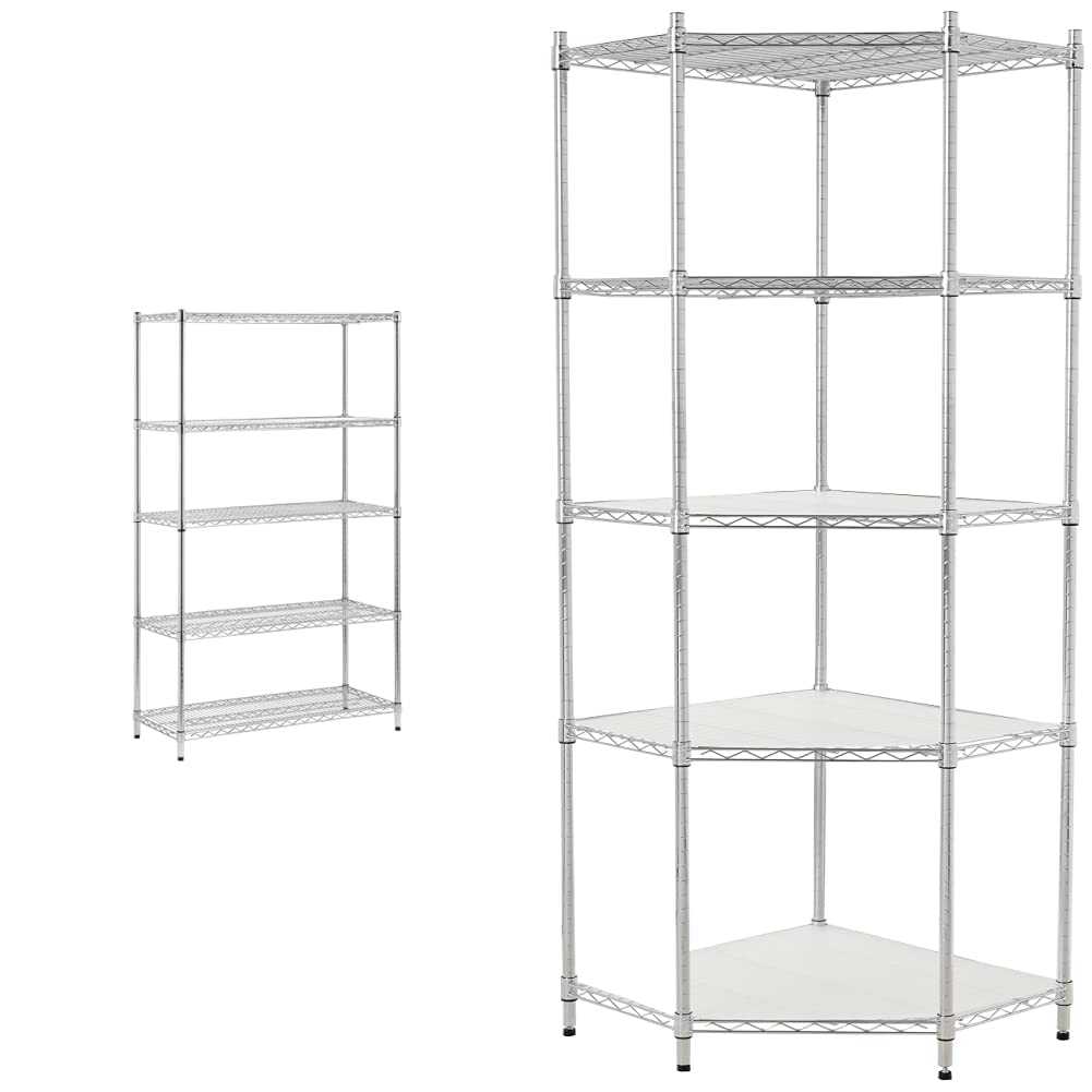 Honey-Can-Do SHF-01441 Adjustable Storage Shelving Unit, 800-Pounds Per Shelf, Chrome, 5-Tier, 42Lx18Wx72H & 5-Tier Corner Shelf 72H x 27D x 27W