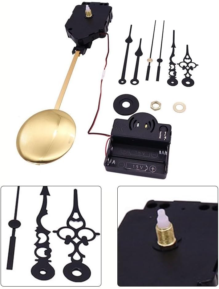 Wall Clock Movement Mechanism with Sweeping Second Hand and Golden Pendulum for DIY Repair – Metal Movement Kit Includes Music Box, Hands, and Hardware