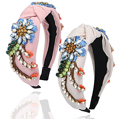 2 Packs Rhinestone Crystal Headbands for Women, Wide Edge Headbands Velvet Padded Knotted Headabnds Hand-Stitched Flower Crystal Beaded Glitter Hairband Vintage Headband Headwear Hair Accessories
