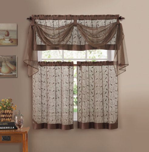 Victoria Classics Vine Embroidered Kitchen Window Curtain Set- 1 Valance with Voile Scarf