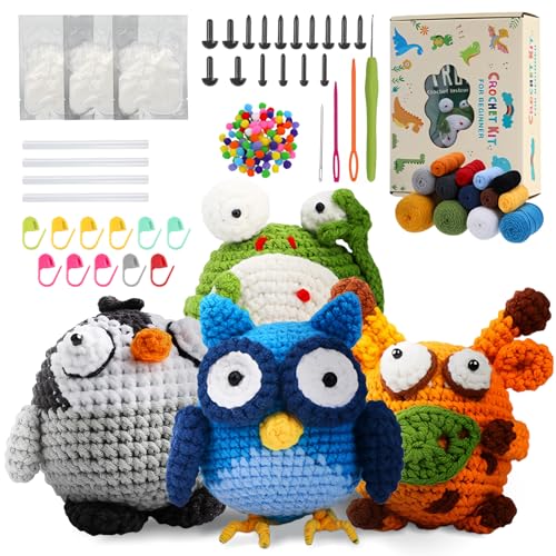 Welhammsae Kit de Ganchillo para Principiantes, Amigurumi Kit de Crochet de Animales para Principiantes con Instrucciones en Video Paso a Paso, DIY Manualidades Set Adultos-Jirafa-Rana-Búho-Pingüino