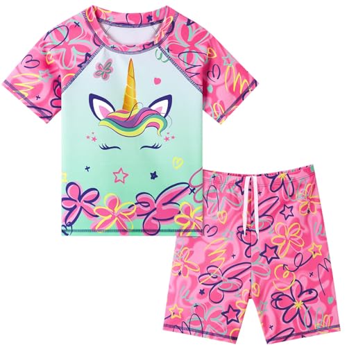 WAWSAM 2 Pieces Girls Rash Guard Toddler Swimsuit Girl Swimsuit Short Sleeve Bathing Suit for 3-6 Years (US, Age, 5 Years, Unicorn Pink)
