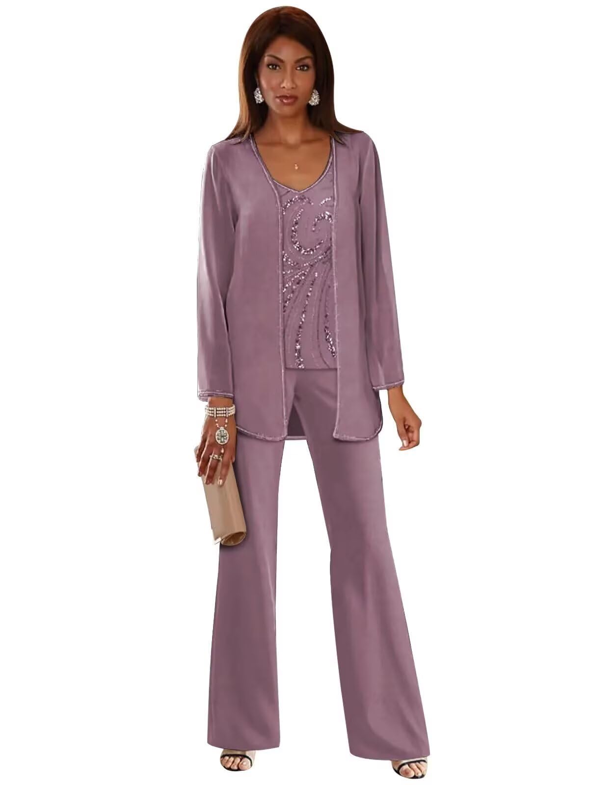 3 Pieces Mother of The Bride Pant Suits for Wedding Chiffon Sequin Pantsuits for Women Dressy