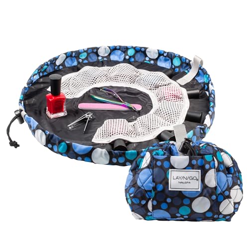 Lay-n-Go NailSpa Drawstring Cosmetic Bag - Portable Nail Supplies Organizer Bag w/ 8 Elastic Mesh Pockets & Circular Center - Durable, Machine Washable Nail Kit Organizer (18