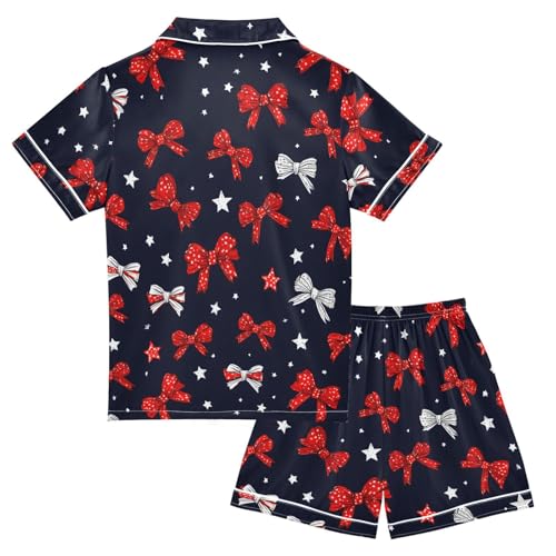Cute Bow Star Red White Summer Pajamas Set Soft Satin Pjs Sets 2 Piece Short Sleeve Sleepwear Casual Clothes2