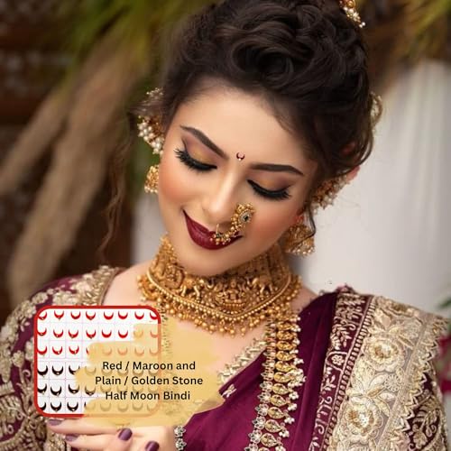 Image of Sunaina Designer Traditional Half Moon Bindi for Women & Girls, Multicolor, Plain Velvet & Golden Stone, Mix Size, Bridal Collection, 372 Bindis in a Book