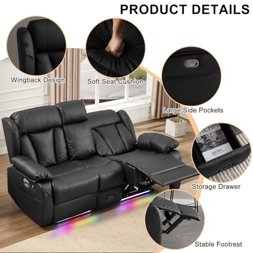 Image of Loveseat Recliner Sofa, RV Recliner Couch, Manual Reclining Loveseat with Console for Living Room, Home Theater Seating with AC /USB C /USB LED Light Drawer (Black,Loveseat with Console)