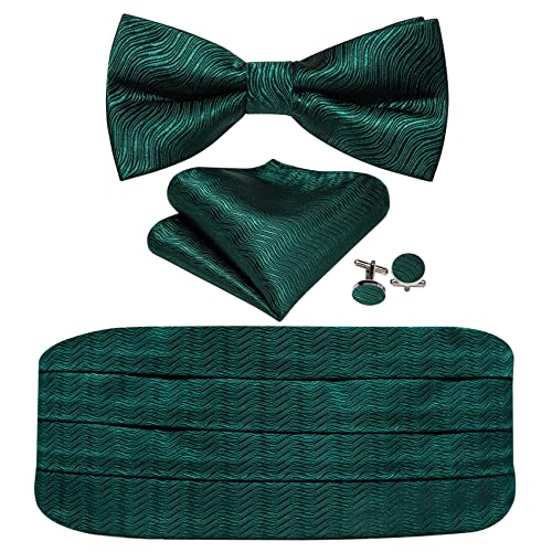 Image of Barry.Wang Men Silk Paisley Cummerbund and Pre-tied Bowtie Handkerchief Cufflink Set for Tuxedo