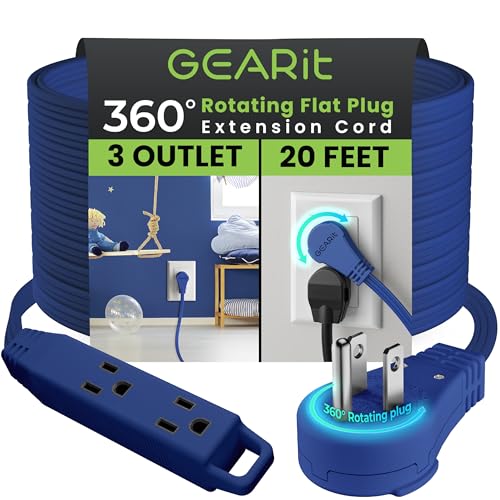 GEARit 20ft 360° Rotating Flat Plug Extension Cord, 3 Outlet Low Profile Power Cord, Space-Saving for Behind Furniture, 16AWG 13A 3 Prong Grounded Indoor Cord, ETL Certified, Navy by GEARit - Used condition - US$14.99