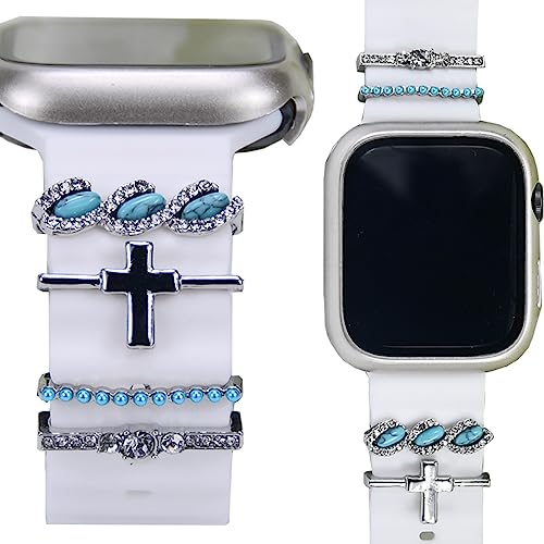 SUNOREEK Silver Cross Watch Band Charms for Apple Women - iwatch bands charms western Turquoise Decorative Rings Loops for Apple Watch Silicone leather Bands 49mm 45mm 44mm 42mm 41mm 40mm 38mm ultra christmas holiday Metal Diamond Slide Strap Smart Watch band Accessories jewelry Charms for iWatch Series se 9 8 7 6 5 4 3 2 1 for Samsung Galaxy blessed and faith Boho style Pearl beads Natural St