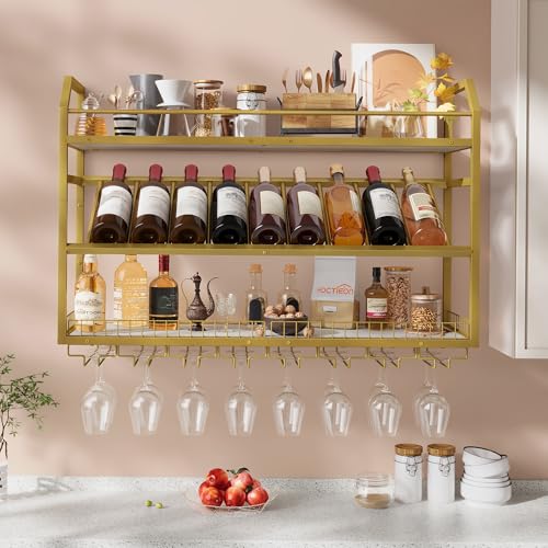Image of Hoctieon Wall Mounted Wine Rack, 31.5 inch Wall Wine Rack for Display and Storage, Hanging Bottle Holder, for Living Room, Dining Room, Bar, Wine Cellar, Gold&White