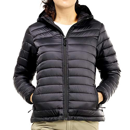 MIER Women's Packable Puffer Jacket Lightweight Padded Insulated Coat with Hood, Wind and Water Resistant, Black, M