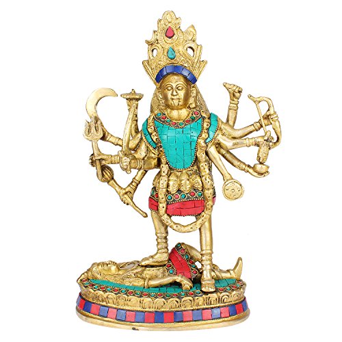 Kartique Big Brass Maa Kali Statue with Color Gemstone | Adi Shakti Ma Goddess Murti Idol| Aadya Chamunda Kamakshi Height 11.5 Inches