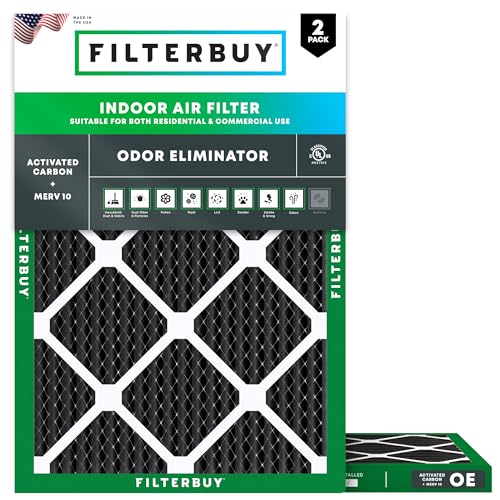 Filterbuy 20x25x1 Air Filter MERV 10 Odor & Allergy Defense with Activated Carbon (2-Pack), Electrostatic Pleated HVAC AC Furnace Filters Replacement, Made in USA (Actual Size: 19.50 x 24.50 x 0.75)
