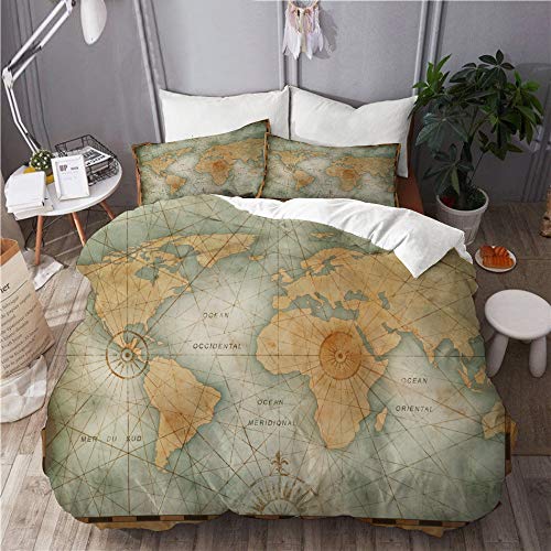 ELIENONO Juego de Ropa de Cama con Funda de edredón,Ilustración de Mapa Mundial de Color Vintage basada,de Almohada de Microfibra,140 x 200cm