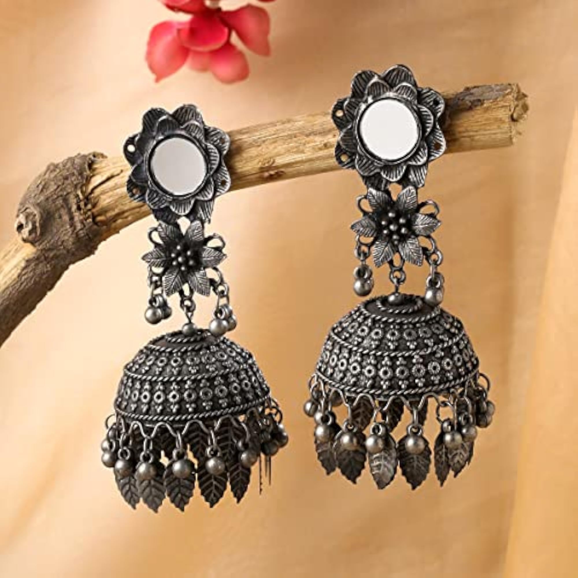 Traditional Silver Oxidised Jhumka German Floral Big Jhumki Earrings