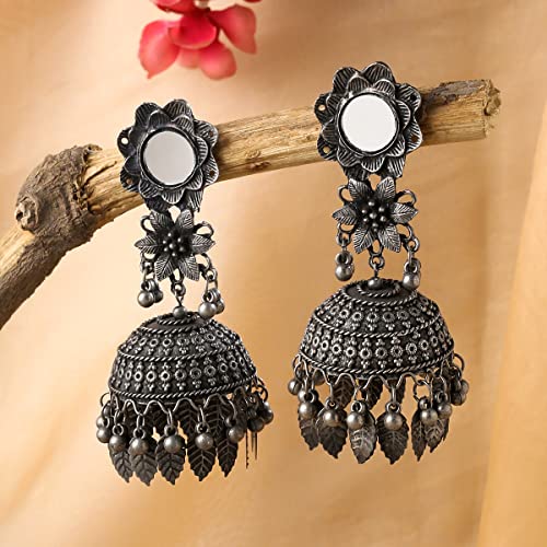 Traditional Silver Oxidised Jhumka German Floral Big Jhumki Earrings