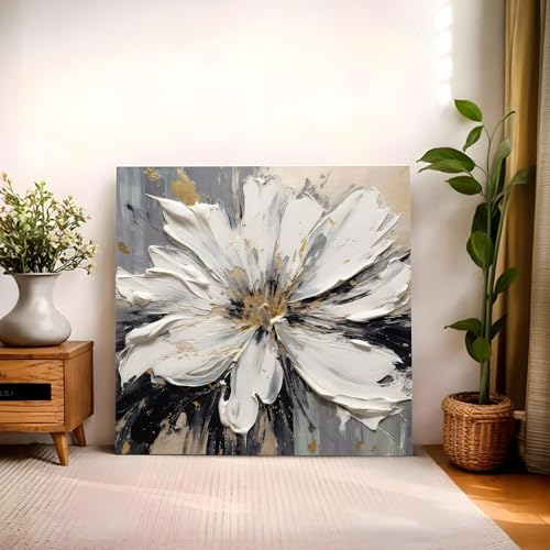 Image of PAINTINGMANTRA Modern Floral Texture Stretched Canvas Painting for Living Room | White Flower Canvas Wall Decor Art For Livingroom, Bedroom, Office, Hallways - 22x22 Inch