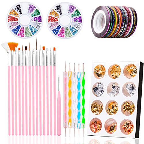 Nail Art Brush Set,Nail Art Design Tools with 2 Boxes Nail Rhinestones,5pcs Dotting Pen,15 pcs Nail Painting Brushes,12 Pots Nail Foil Flakes,30 Striping Tape for Nail Art Decoration