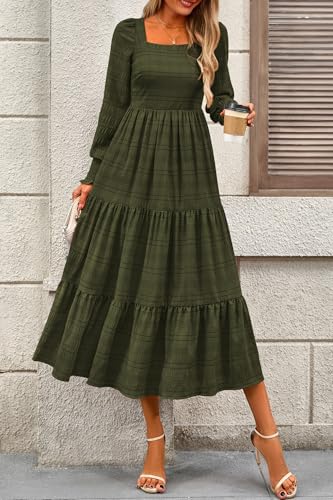 CFLONGE Women's Fall Dresses 2025 Puff Long Sleeve Square Neck Dress High Waist Smocked A-Line Flowy Wedding Party Maxi Dress2