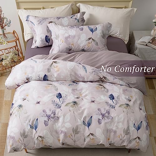 MILDLY 100% Long-Staple Cotton Duvet Cover Set Light Gray Pink Floral Leaf Pattern Printed Comforter Cover 3pcs, Ultra Soft & Breathable Bedding Set
