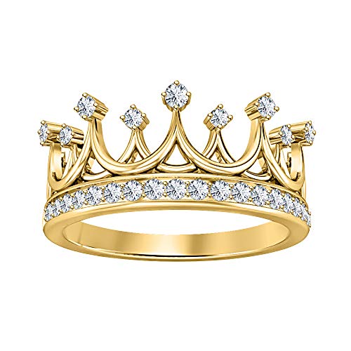 Queen's Tiara Round Gemstone 14K Yellow Gold Plated Crown Engagement Ring for Women's.