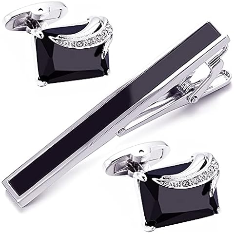 BXLE Black Cufflinks and Tie Clip Set for Men, Opal Gem Stone Cuff Links Cufflink Necktie Bar Clips Stickpin for Wedding Party Groomsmen, Luxury Business Formal Shirt Studs Button Clasp for Father Cover