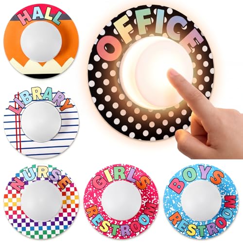 Lewtemi 6 Pcs Classroom Hall Pass Light System LED Push Lights with Hall Pass Stickers Battery Operated Tap Lights for Bathroom Nurse Office and Library Teacher Classroom Management Decor