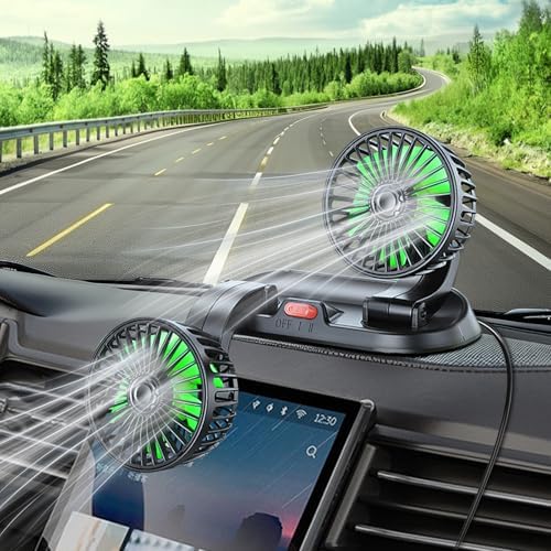 Ventilador para coche de doble cabeza, 360° giratorio portátil, 12V...