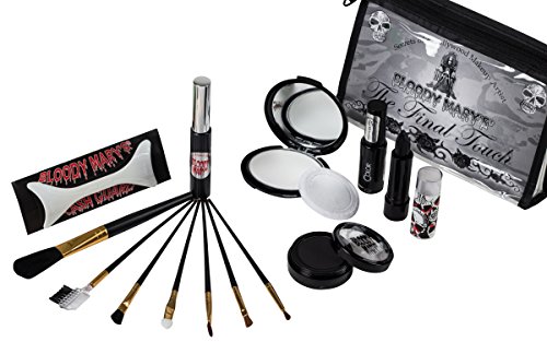 Gothic Style Final Touch Makeup Kit By Bloody Mary - Professional Quality Dark Goth Look Cosmetic Supplies Set - Black Mascara, Nail Polish, Eyeshadow, Face Powder, Lipstick, Brushes - Zippered Case