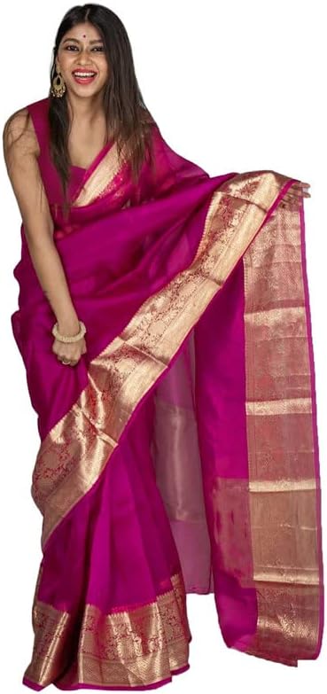 Satrani Women'S Organza Jacquard Border Saree With Unstitched Blouse Piece