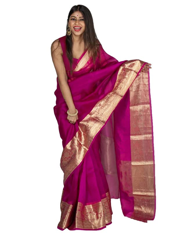 Satrani Women'S Organza Jacquard Border Saree With Unstitched Blouse Piece