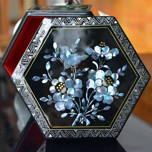 Joyero De Concha - Caja Decorativa De Primera Calidad Con Incrustaciones De Nácar, Hexagonal Y Cuadrada, Para Anillos Y Collares (12 X 12 X 5 Cm) - Joyero De Lujo Tallado A Mano(Circle Hexagon)
