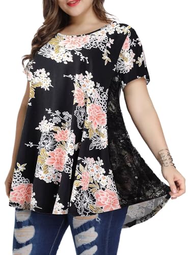 LARACE Plus Size Spring Summer Tunics Tops Short Sleeve Shirts Flowy Lace Tops Wrinkle Free Blouses for Women Dressy Casual(A-Black05 1X)