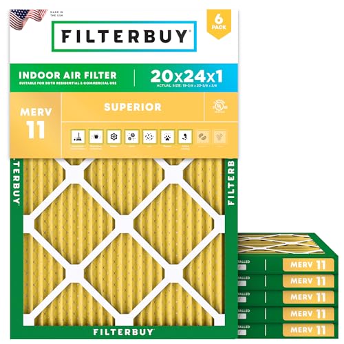 Filterbuy 20x24x1 Air Filter MERV 11 Superior Pet & Allergy Defense (6-Pack) Electrostatic Pleated HVAC AC Furnace Filters Replacement Made in USA (Actual Size: 19.38 x 23.38 x 0.75)