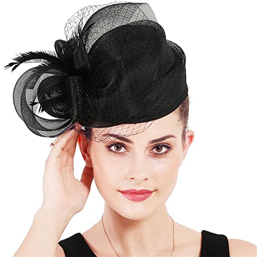 Woman Sinamay Fascinator Hat Pillbox Derby Hats Linen Feather with Veil Vintage Cocktail Tea Party Dress Cap Black