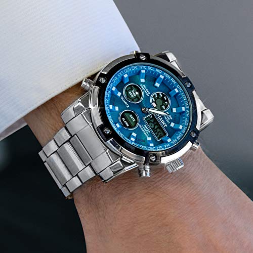 Stauer Blue Stone Stainless Steel Chronograph Watch For Men – Blue-Dial Analog & Digital Watch W/Stainless Steel Bracelet – Dual Time Watch W/Led Subdials – Luxury Gift For Men #TOP2