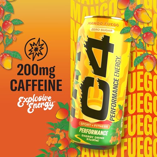 Image of C4 Performance Energy Drink, Mango Fuego, Zero Sugar Carbonated Preworkout Energy, 200mg Caffeine with Beta Alanine, 16 Fl Oz (12 Pack)