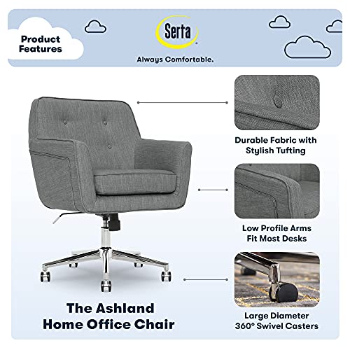 Serta Ashland Ergonomic Home Office Chair With Memory Foam Cushioning Chrome-Finished Stainless Steel Base, 360-Degree Mobility, Fabric, Grey #TOP3
